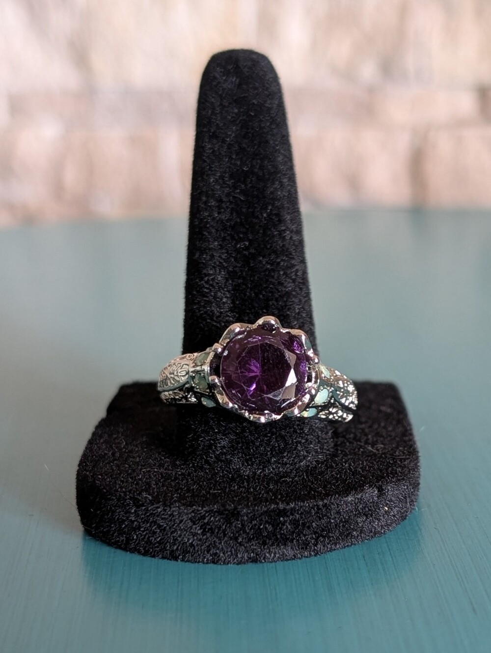 Art Deco Vintage Inspired Purple Faux Opal Statement Ring Silver Tone Filigree - Picture 3 of 13